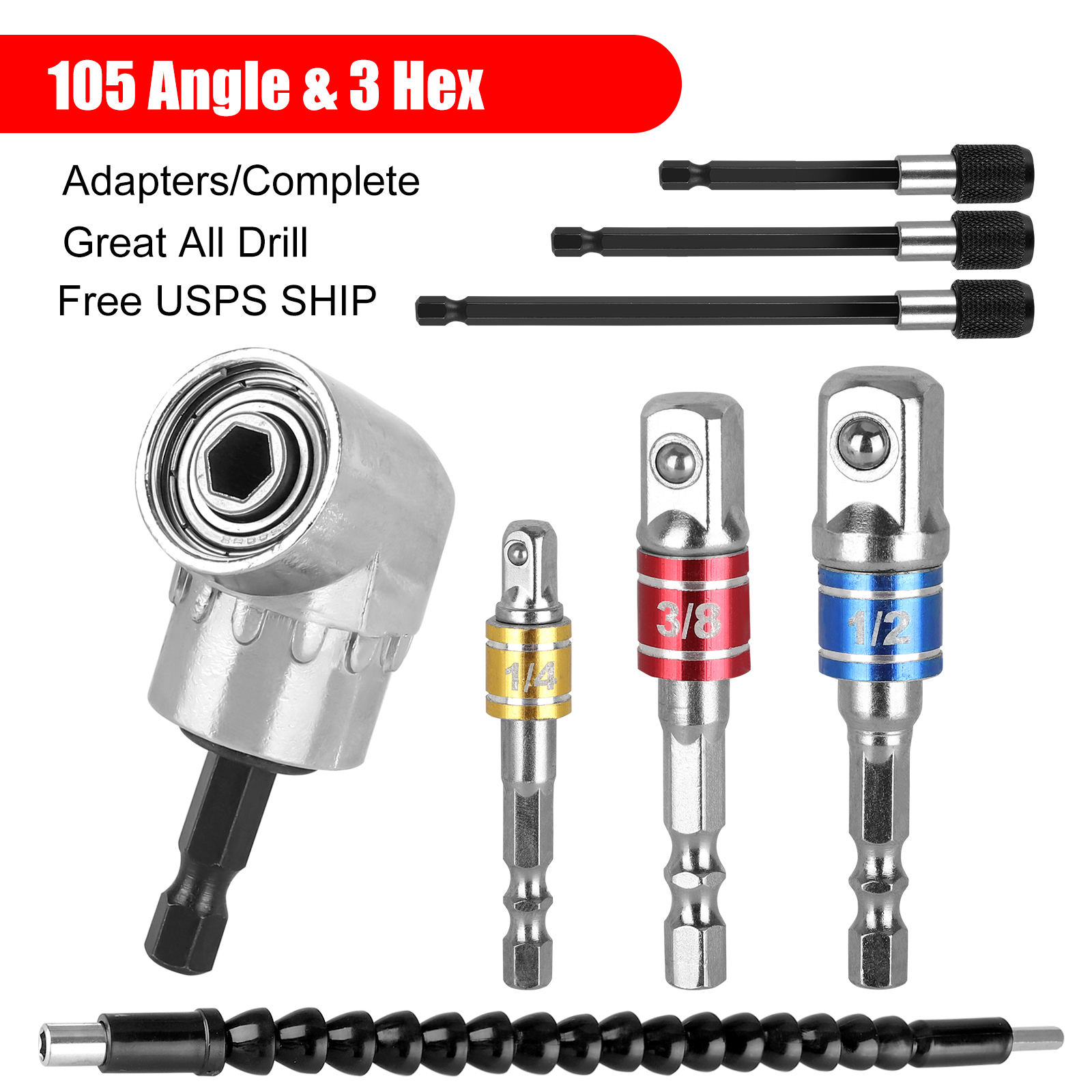 ivolks Flexible Drill Bit Extension Set 105°Right Angle Drill Flexible Shaft Extension 1/4 3/8 1/2 Hex Shank Socket Adapter Set 