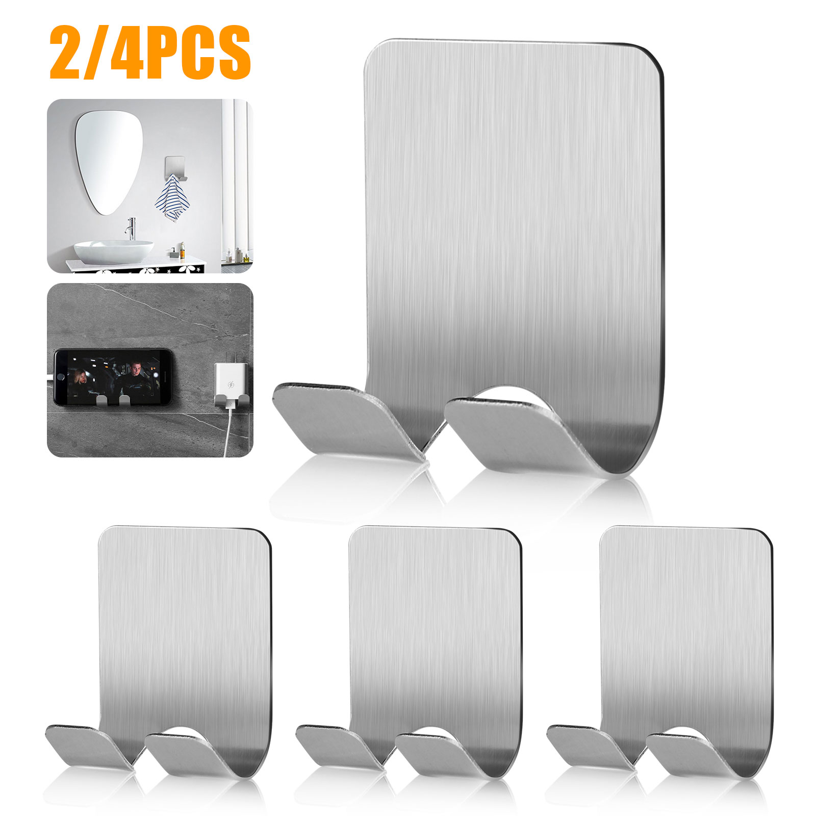 304 Stainless Steel Hooks Self Adhesive Hanger Towel kitchen Hook Bathroom W6Q7