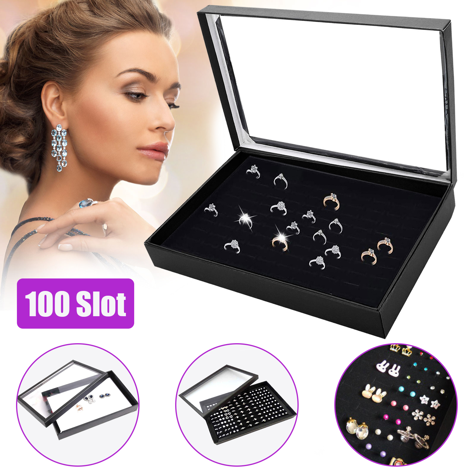 thumbnail 10  - 100 Slots Jewelry Ring Display Organizer Case Tray Holder Earring Storage Box
