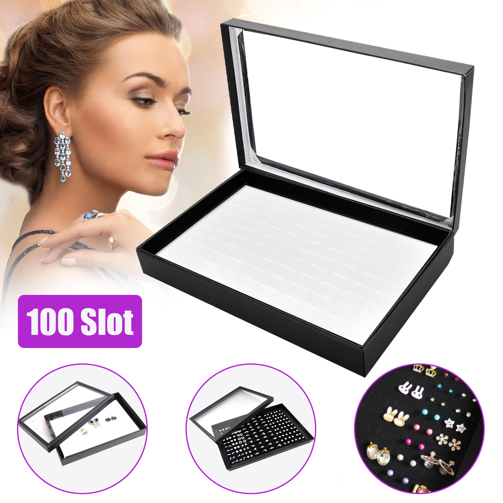 thumbnail 11  - 100 Slots Jewelry Ring Display Organizer Case Tray Holder Earring Storage Box