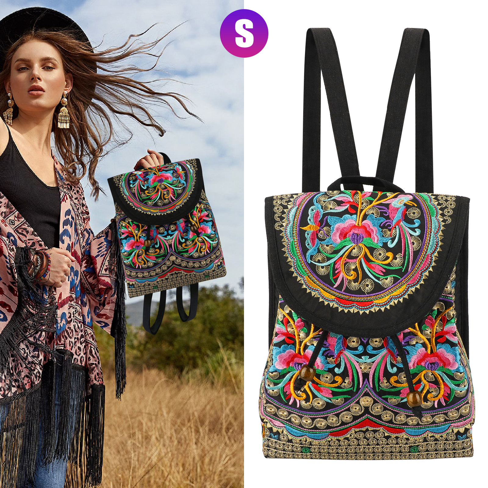 TSV Embroidered Canvas Backpack, Vintage Boho Handbag, Fashionable Shoulder  Bag for Women Girls 