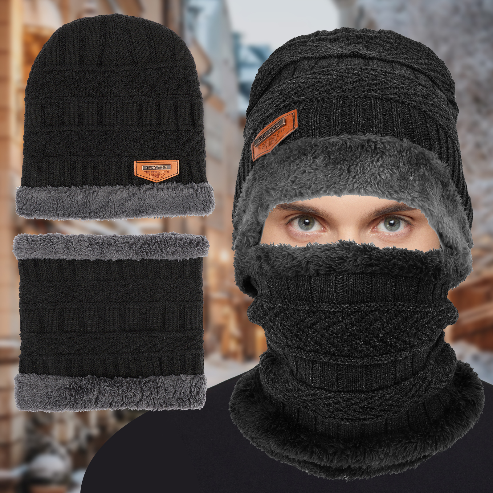 Color:Black:Mens Women Winter Baggy Slouchy Knit Warm Beanie Hat and Scarf Ski Skull Cap Set
