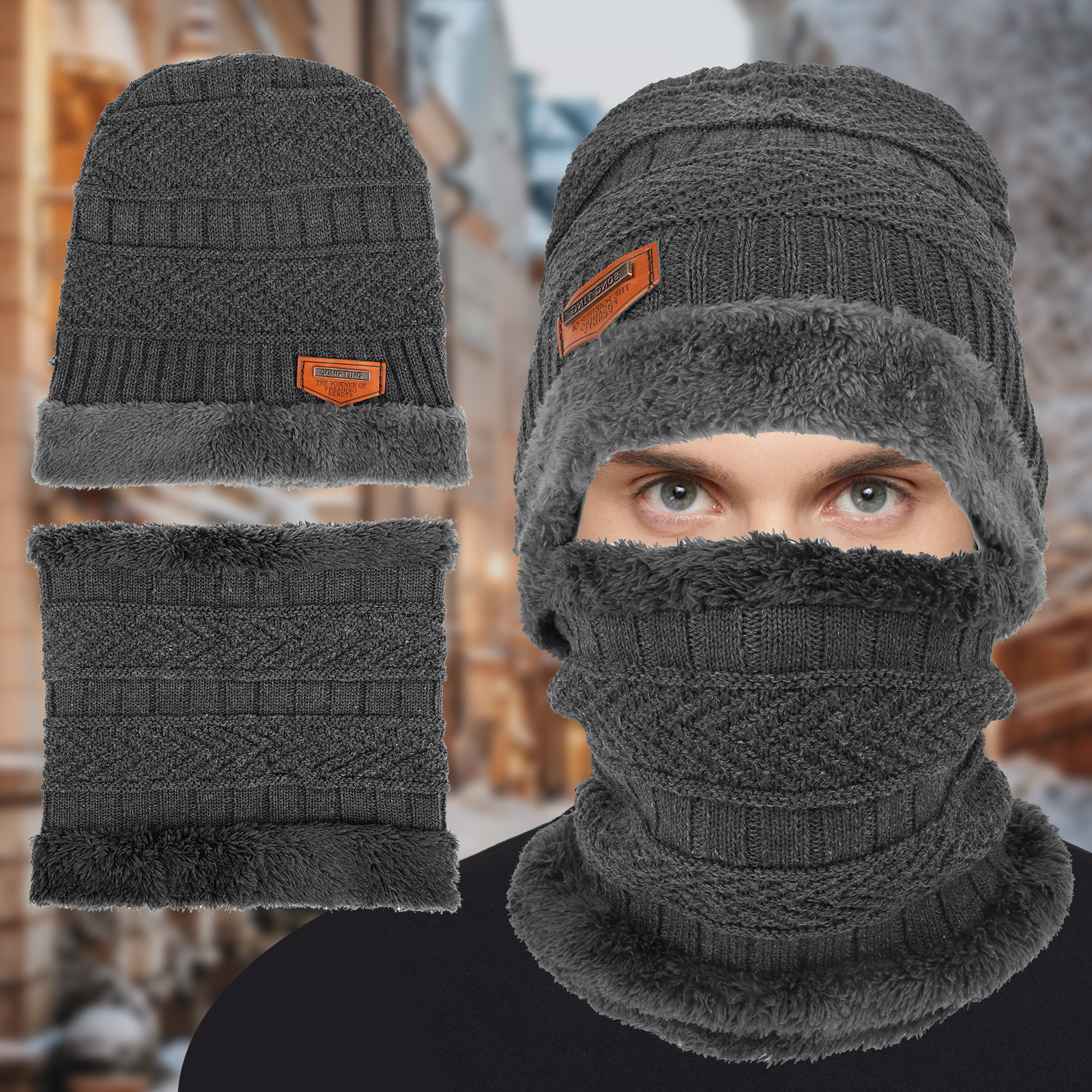 Color:Gray:Mens Women Winter Baggy Slouchy Knit Warm Beanie Hat and Scarf Ski Skull Cap Set