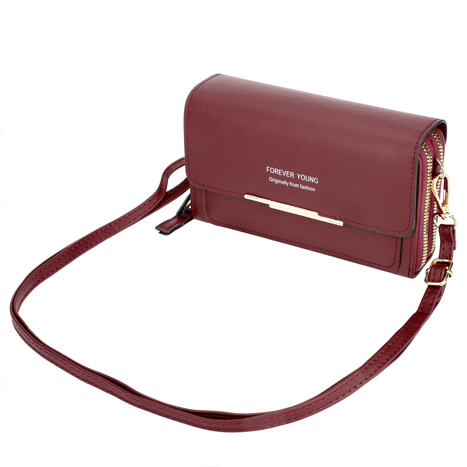 Women's Leather Double Zipper Wallet Cell Bag Crossbody Shoulder Purse Coin Pack