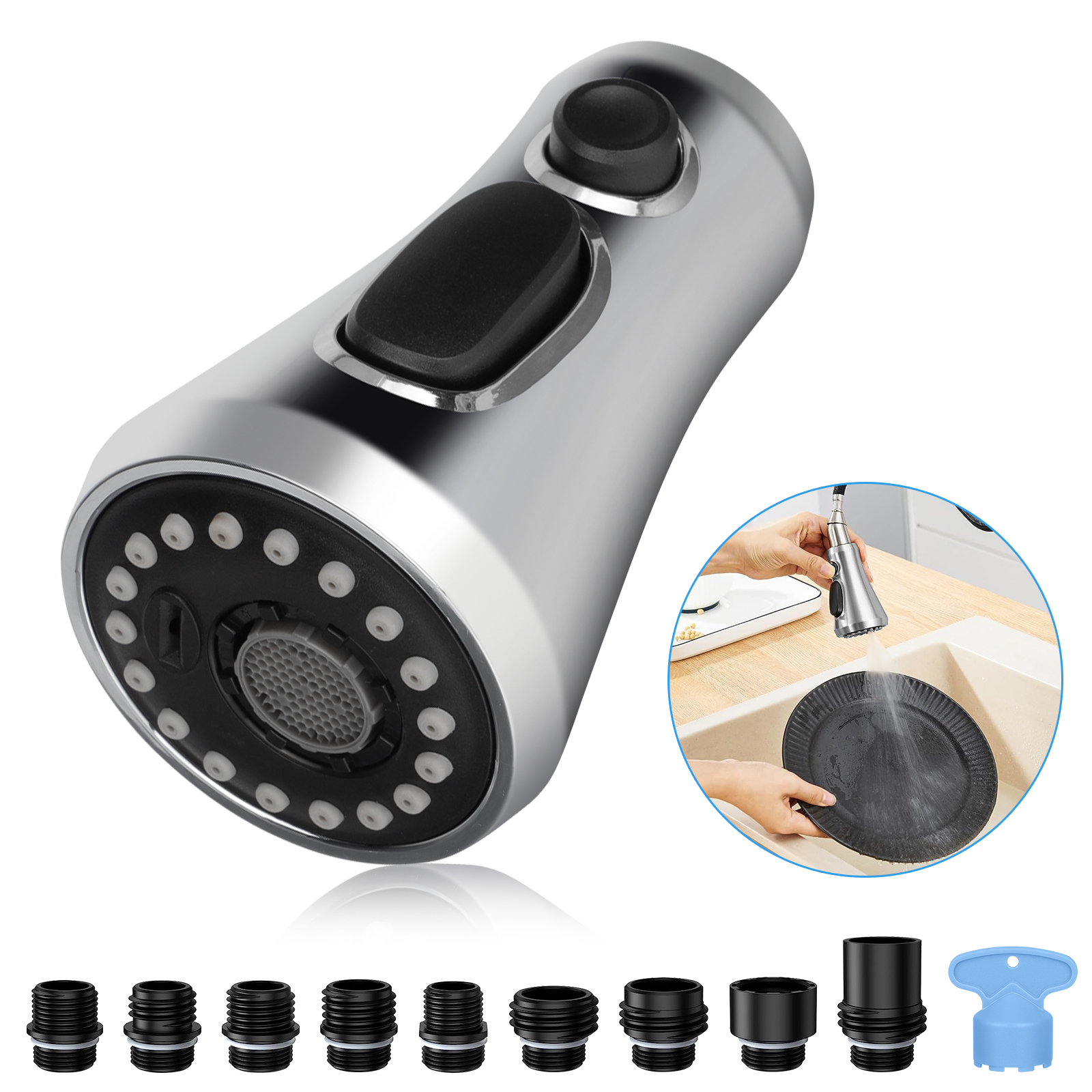 Kitchen Faucet Head Replacement Pull Down Spray Stream Aquablade with 9 Adapters