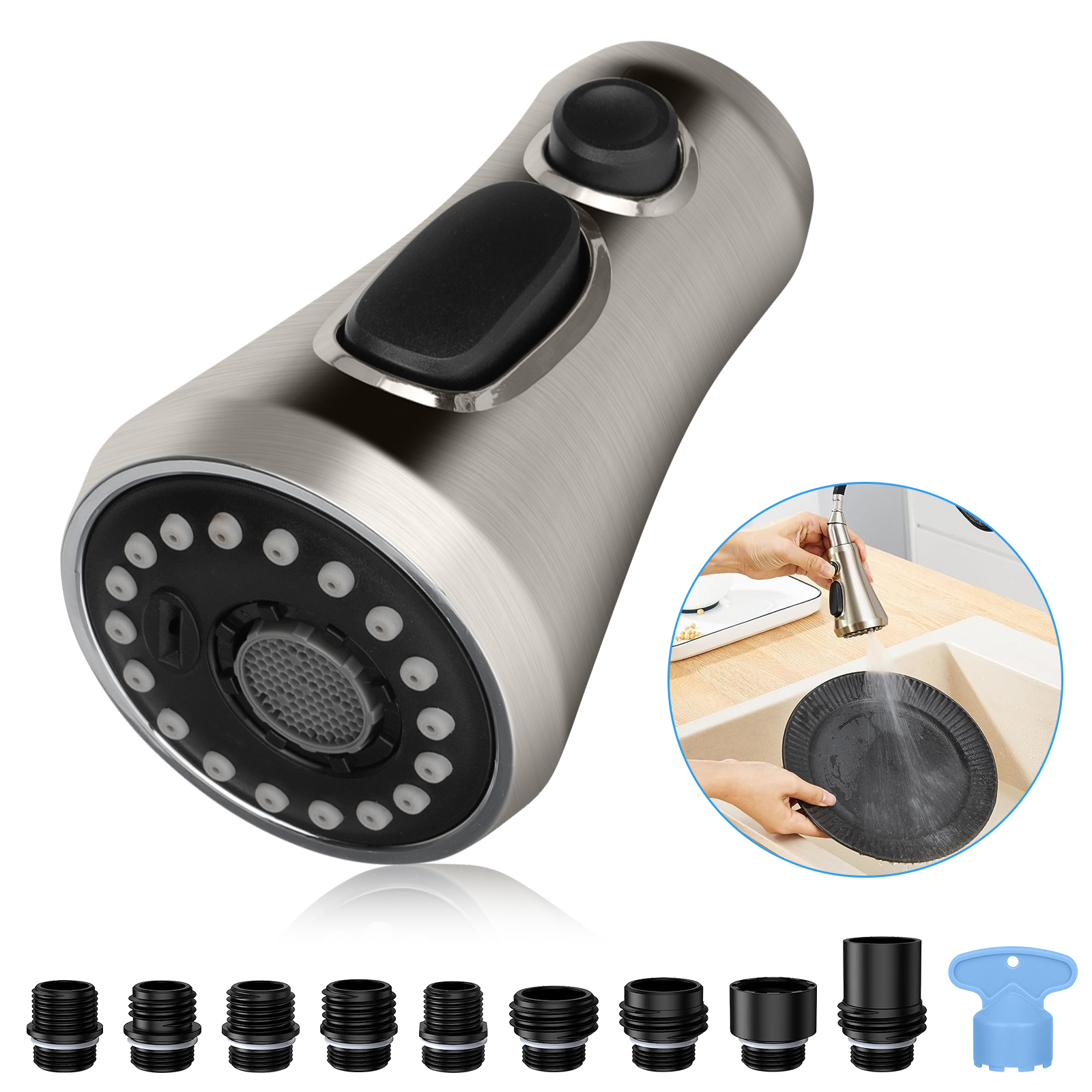 Kitchen Faucet Head Replacement Pull Down Spray Stream Aquablade with 9 Adapters
