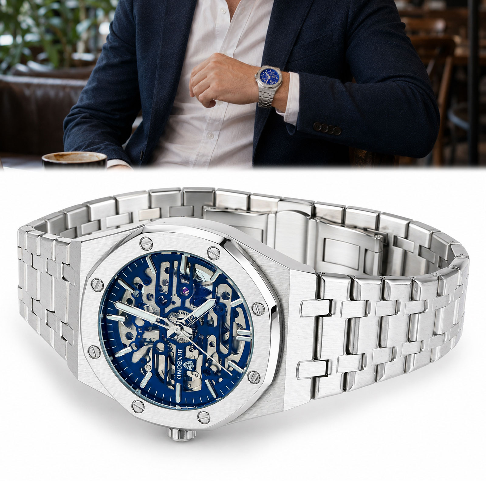 Men’s Automatic Mechanical Skeleton Watch Silver Octagon Dial Stainless Steel US