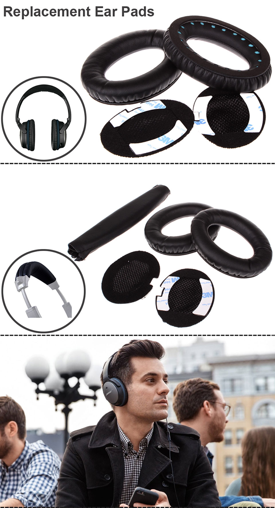 Replacement Ear Pads Headband Cushion for Bose QC15 QC2